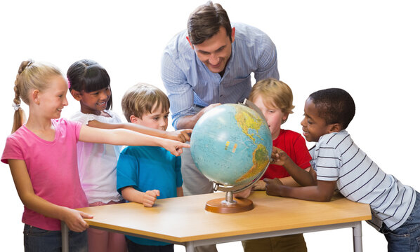 Cute pupils and teacher looking at globe in library