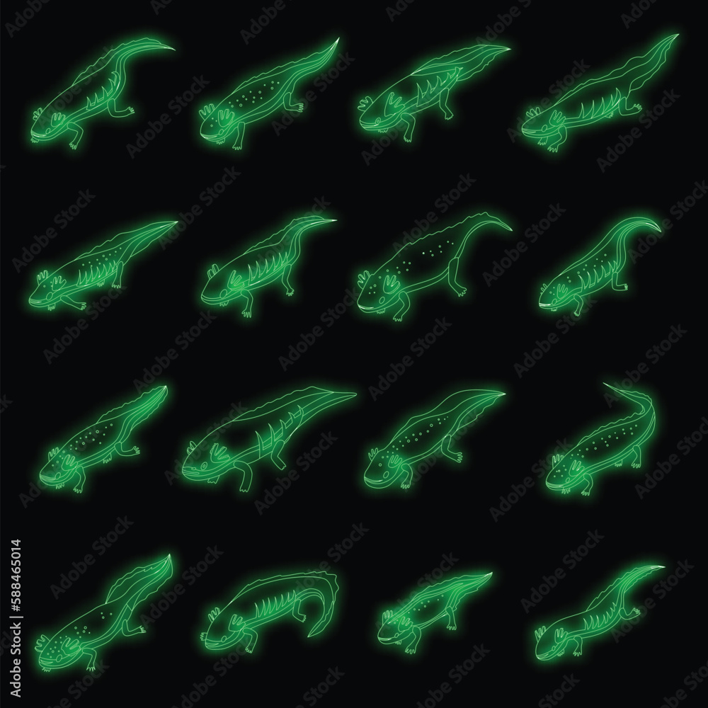 Poster axolotl icons set. isometric set of axolotl vector icons neon color on black