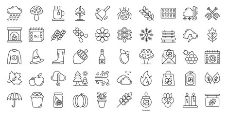 Fototapeta na wymiar Autumn Thin Line Icons Weather Mushroom Iconset in Outline Style 50 Vector Icons in Black