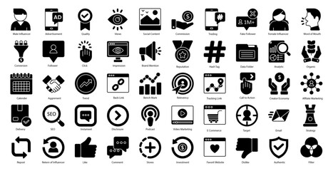 Influencer Glyph Icons Networking Star Streaming Iconset in Glyph Style 50 Vector Icons in Black