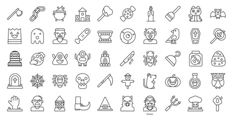 Halloween Thin Line Icons Monster Ghost Coffin Iconset in Outline Style 50 Vector Icons in Black