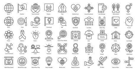 World Peace Thin Line Icons Love Freedom Environment Iconset in Outline Style 50 Vector Icons in Black