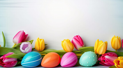Fototapeta na wymiar Easter background banner with beautiful colorful eggs and tulips on a white background with room for copy space on the right, generative ai