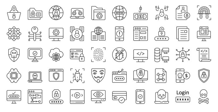 Internet Security Thin Line Icons Cyber Security Protection Iconset in Outline Style 50 Vector Icons in Black
