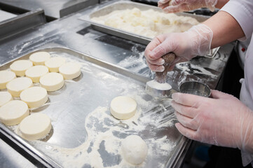 A woman makes cheesecakes by hand in production. Factory for the production of food.