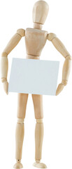 3d image of wooden figurine with blank placard