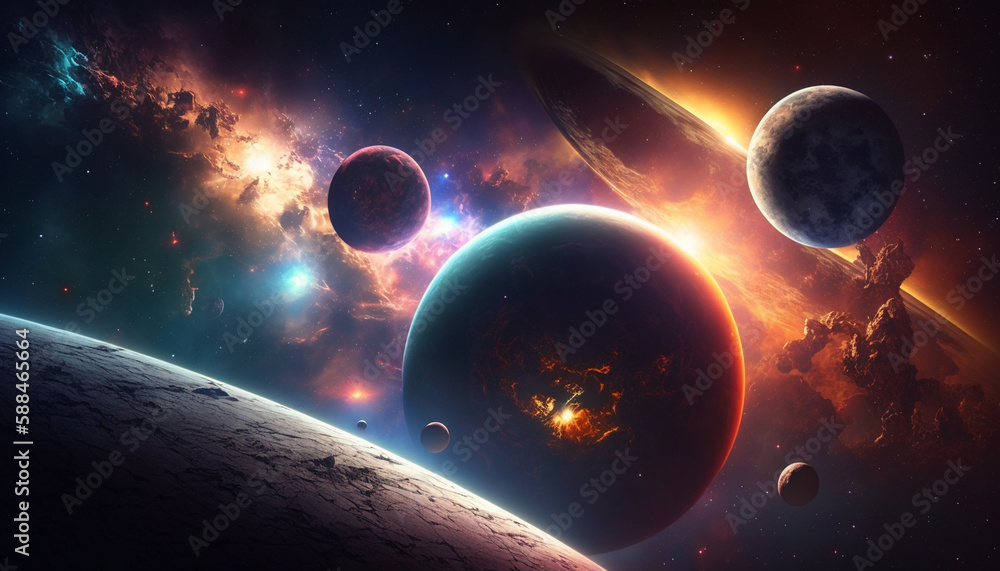 Sticker different planets in the galaxy, view from space, generative ai