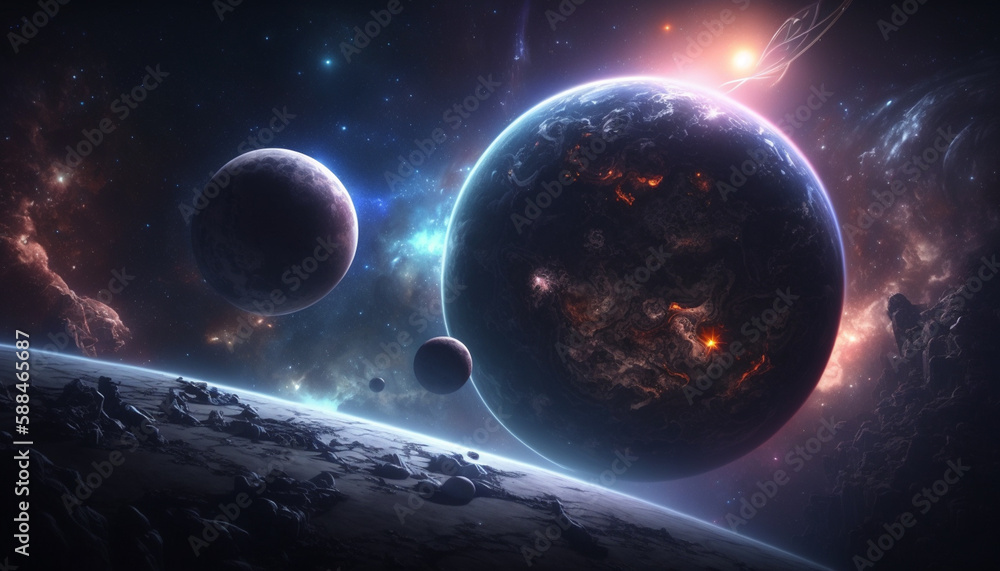 Poster different planets in the galaxy, view from space, generative ai