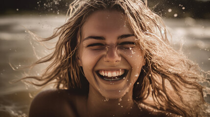 Joyful Liberation: A Woman with Brown Hair Leaps from the Sea, Her Hair Aflutter with Droplets, Her Laughter Echoing - Generative AI