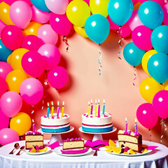 Birthday cakes with candles and balloons - Generative AI