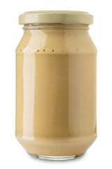 Mayonnaise sauce in glass jar isolated