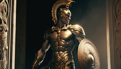 Achilles in a beautiful golden armor - obrazy, fototapety, plakaty