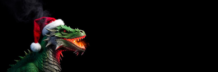 Obraz premium A dragon in a red Santa Claus hat. Year of the Dragon. Dragon isolated on black background. Long Banner with free space