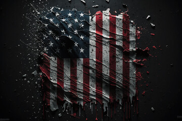 American or the united states flag ripped destroyed or broken. Usa flag war disaster or decline concept. Patriotic american or patriotism being attacked destruction or collapse concept. Ai generated