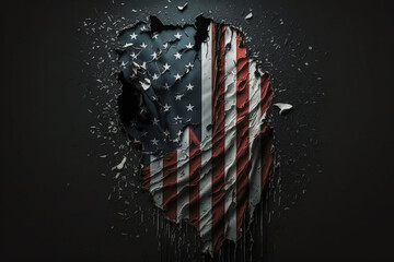 American or the united states flag ripped destroyed or broken. Usa flag war disaster or decline concept. Patriotic american or patriotism being attacked destruction or collapse concept. Ai generated