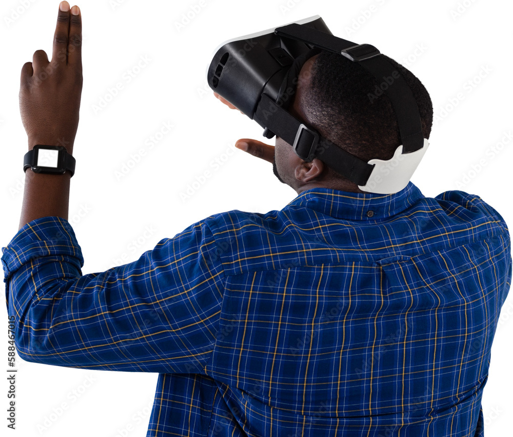 Poster man gesturing while using virtual reality headset