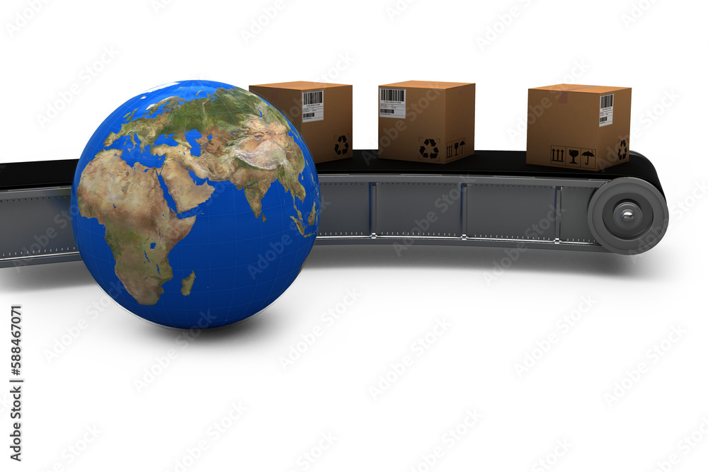 Poster composite image of globe and conveyor belt with boxes