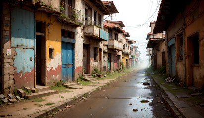 Naklejka premium An empty street in the city with houses, Generative ai 