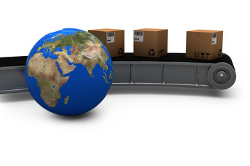 Composite image of globe and conveyor belt with boxes