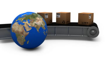 Composite image of globe and conveyor belt with boxes