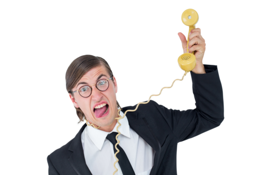 Geeky businessman being strangled by phone cord 