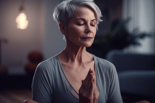 Mature woman close up meditating in lotus position at home - Ai generative