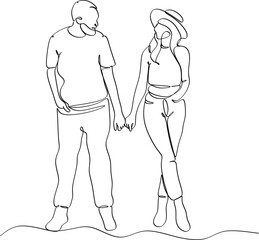 Continuous one line drawing of couple holding hands in romantic situation. Concept of love share, friendship, and humanity. Minimalism vector illustration simplicity design.