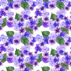 Fototapeta na wymiar Seamless pattern with different purple violet flowers and leaves on a white background