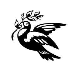 Heraldic black dove bird with branch. Symbol, sign, icon, silhouette, tattoo. Isolated vector illustration.