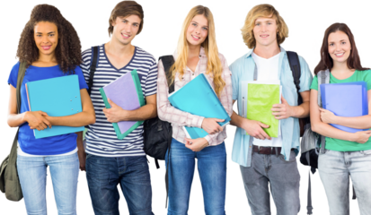 Happy college students holding folders