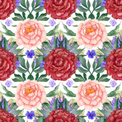 Seamless spring pattern with hyacinth, peonies and violets, on a white background
