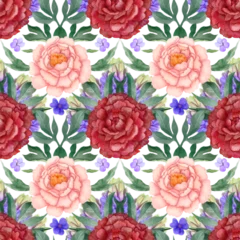 Fotobehang Seamless spring pattern with hyacinth, peonies and violets, on a white background © Asya