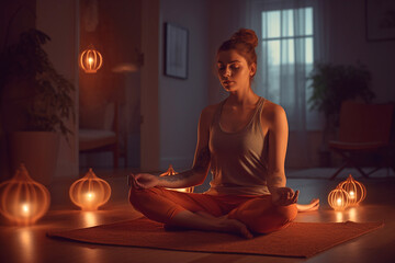 Young woman meditating in lotus position at home - Ai generative