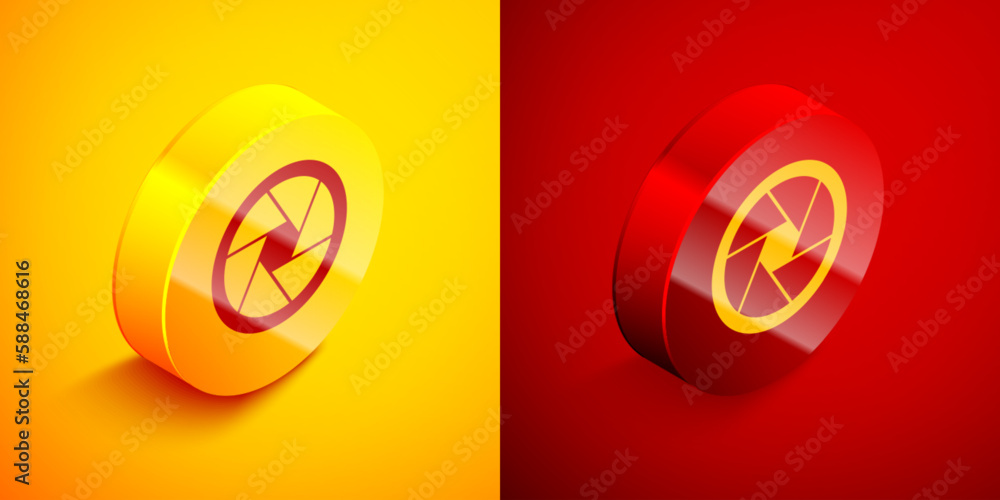 Poster isometric camera shutter icon isolated on orange and red background. circle button. vector