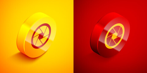 Isometric Camera shutter icon isolated on orange and red background. Circle button. Vector