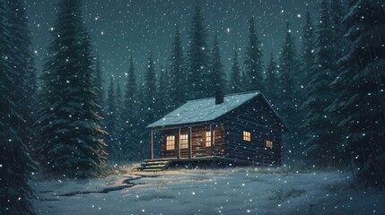 A snowy forest with a cabin in the background and snowflakes falling. Generative AI