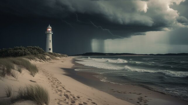 A thunderstorm over a beach with a lighthouse in the background. Generative AI