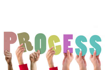 Colorful alphabet spelling process held up by people