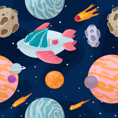 UFOs, spaceships, rockets. Solar system, intergalactic travel. Galaxies, planets, asteroids, comets, shooting stars. Vector illustration in cartoon style on a white background.