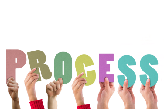 Colorful alphabet spelling process held up by people 