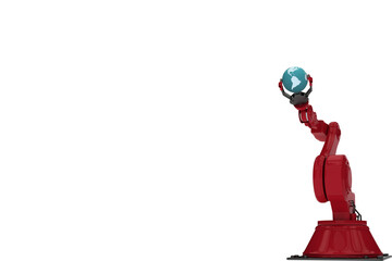 Red robotic hand holding globe
