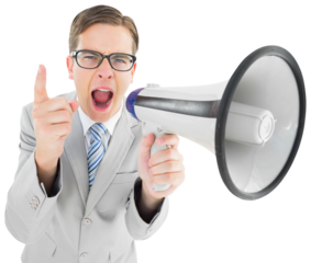 Geeky businessman shouting through megaphone