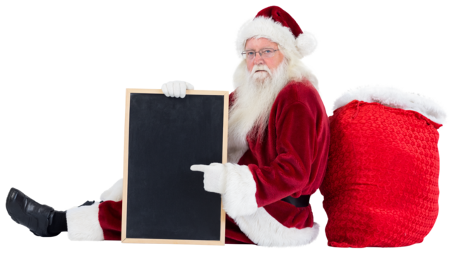 Santa sits leaned on his bag with a board
