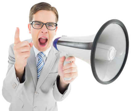 Geeky businessman shouting through megaphone