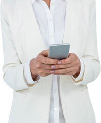 Mid section of businesswoman using smart phone 