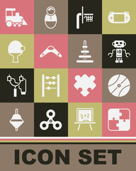 Set Puzzle pieces toy, Basketball ball, Robot, backboard, Boomerang, Racket and, Toy train and Pyramid icon. Vector