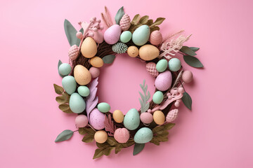 Fototapeta na wymiar Pink Catholic Easter Wreath Stock Photos: Generative Graphics and Catholic Easter Decor on Soft Pink Background, Perfect for Festive Projects