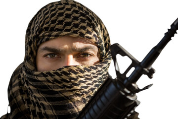 Obraz premium Portrait of soldier with covered face holding rifle