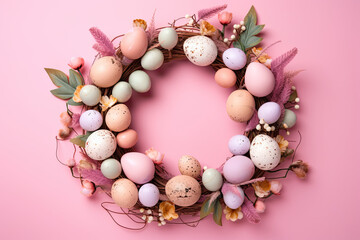 Fototapeta na wymiar Generative Pink Easter Wreath on Pink Background - Stock Photos for Easter and Spring Decor