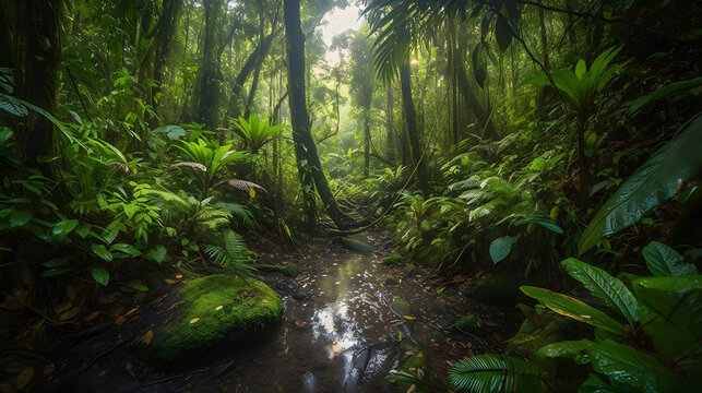 Breathtaking Rainforest Photograph, Lush Greenery, Serene Atmosphere, Perfect for Nature Lovers, Immersive Wildlife Scene, Dappled Sunlight, Dense Foliage and Moss-Covered Trees